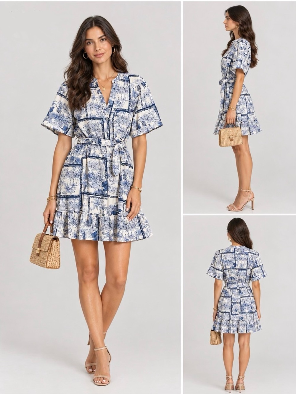 Joie / Tropical Blue & White Tile Print Mini / Puff Sleeve / size 10